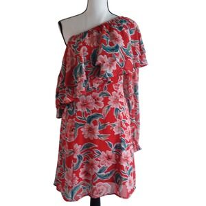 Show Me Your Mumu Watson Mini Dress Red Floral One Shoulder Ruffle‎ Sz L USA